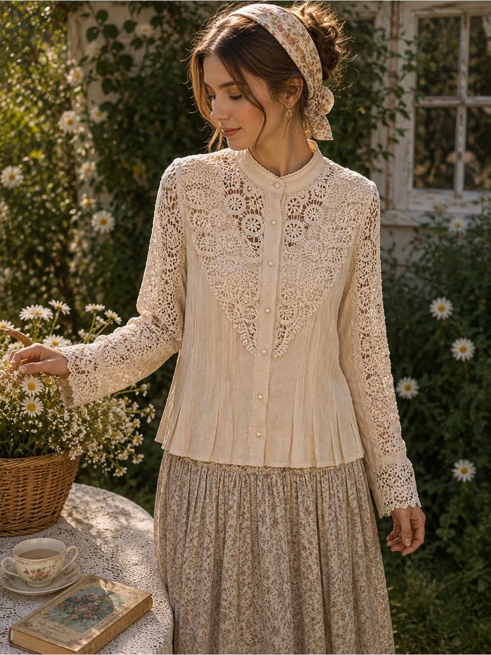 Vintage-Inspired Cream Lace Button-Front Women's Top Size Medium
